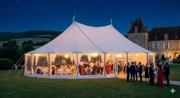 Tente réception extérieur pour mariage couvert avec lumière chaude